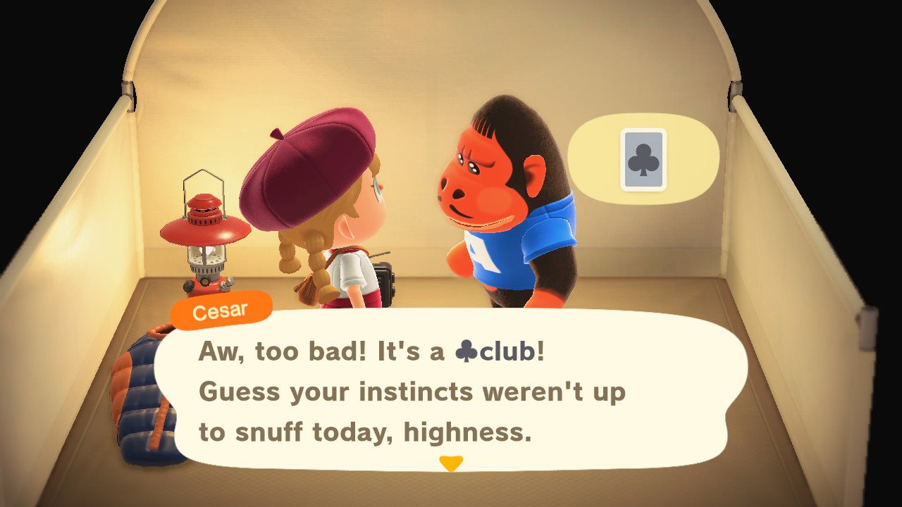 Animal Crossing New Horizons playing a card game with a camper