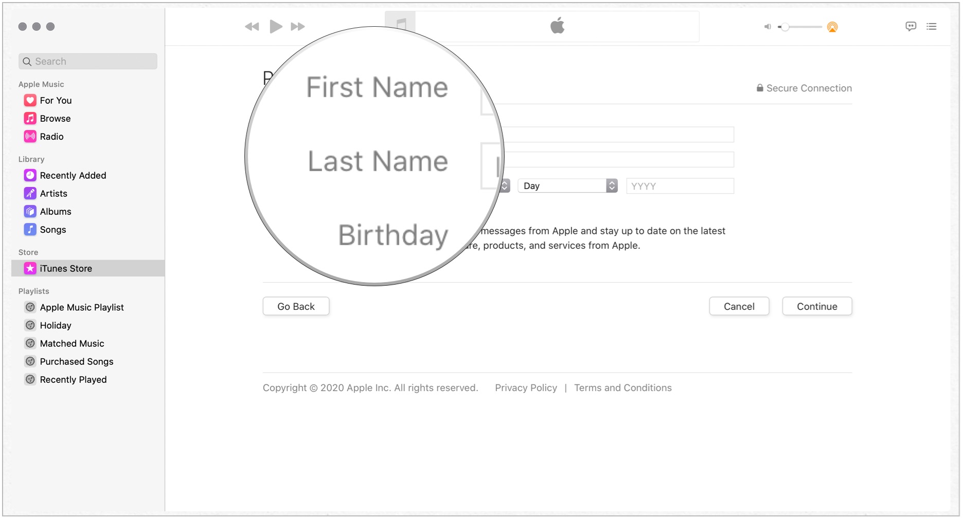 Add your personal information, including first name, last name, and date of birth. Click Continue.