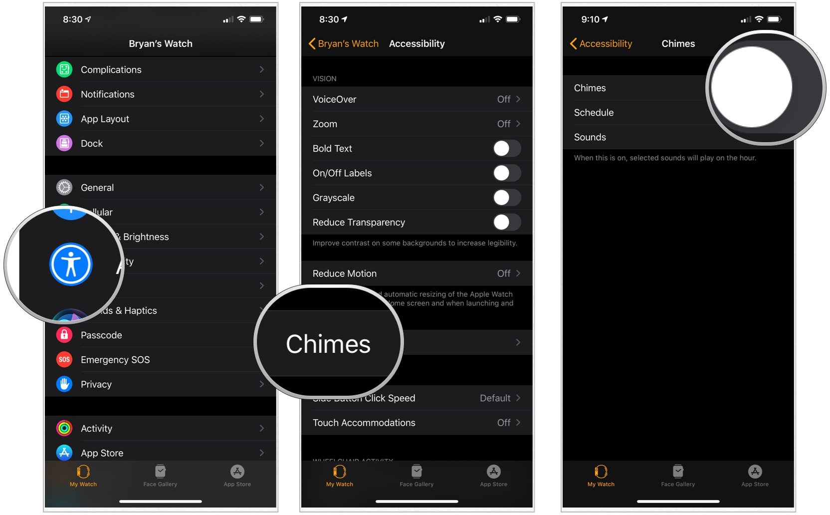 Чтобы использовать Taptic Chime на Apple Watch, нажмите на приложение Watch на своем iPhone, выберите «Универсальный доступ», затем выберите «Chimes».  Включить колокольчики