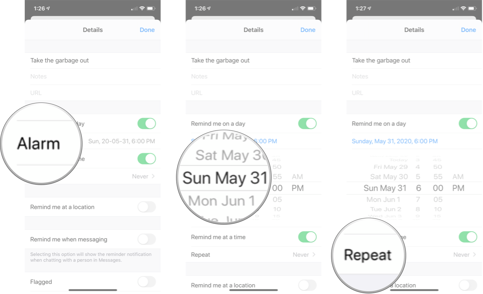 Choosing a Repeating Task in reminders app:Tap Alarm, Adjust the date and time, and then tap repeat.