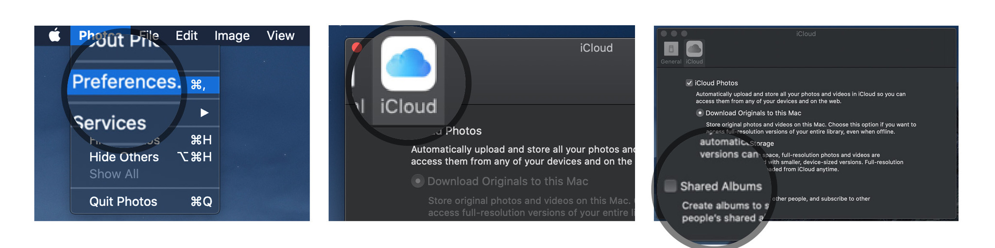 Lancez l'application Photos sur votre Mac, sélectionnez Photos dans le menu de l'application dans le coin supérieur gauche, sélectionnez Préférences dans le menu déroulant.