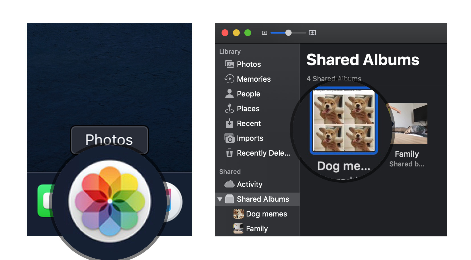 Delete images from a Shared Photo Album on macOS by showing steps: Launch Photos, Click on Shared Photo Album