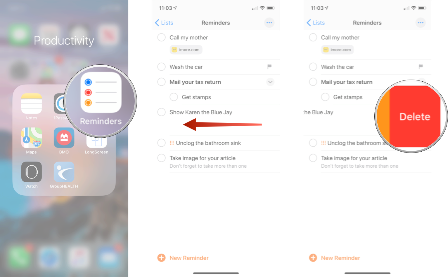 Delete Tasks in Reminders: Launch Reminders, swipe left n the reminder you want to delete, and then tap delete. 