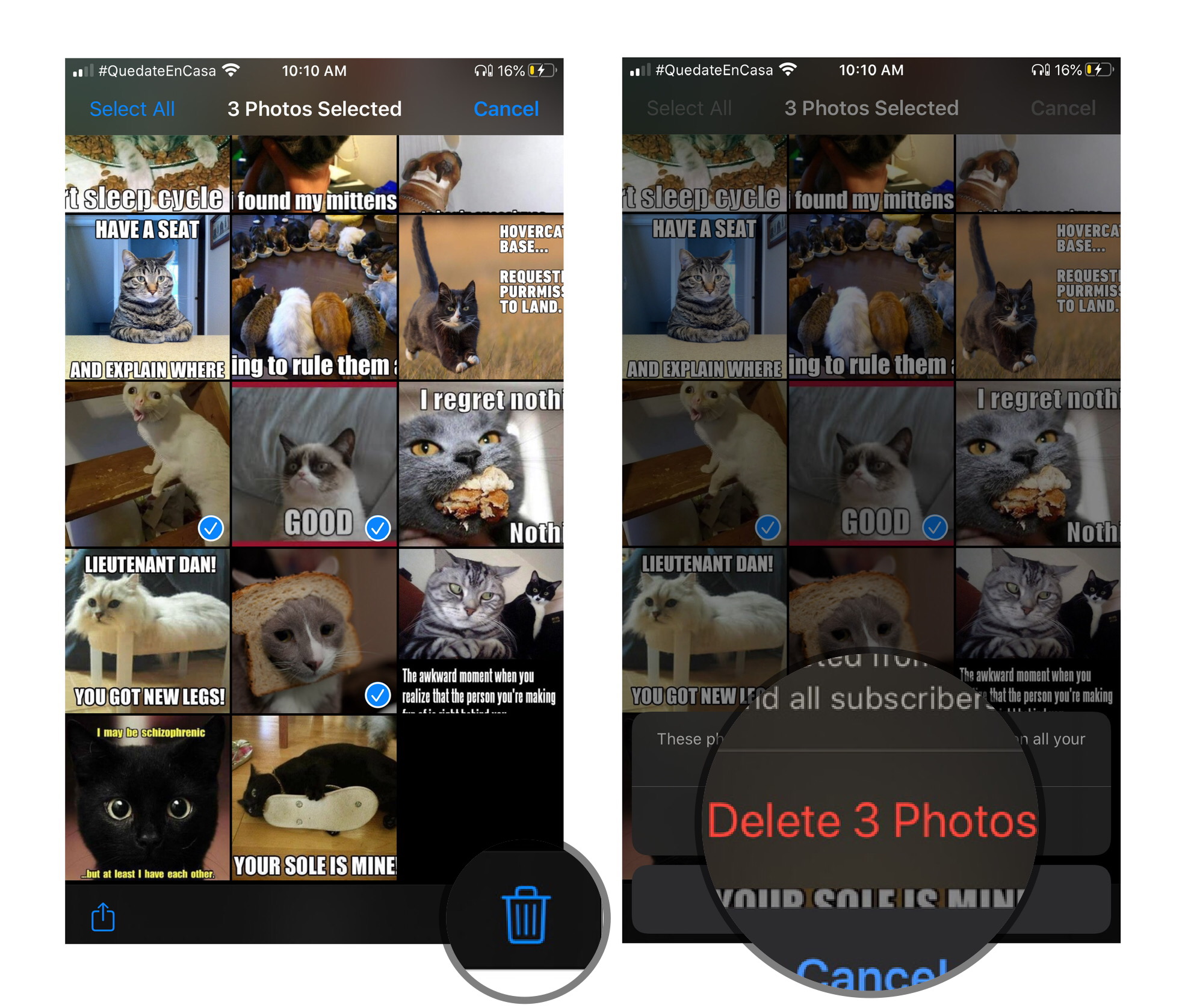Delete images from a Shared Photo Album on iPhone and iPad by showing steps: Select photos, tap Trash icon, confirm by tapping Delete