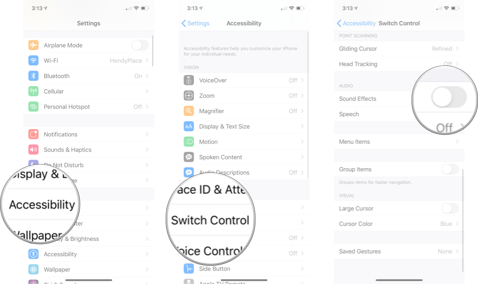 Enable Sound Effects Switch Control: Launch Switch Control Settings: Launch Settings, Tap accessibility, tap Switch Control, and then tap the sound effects on/off switch.