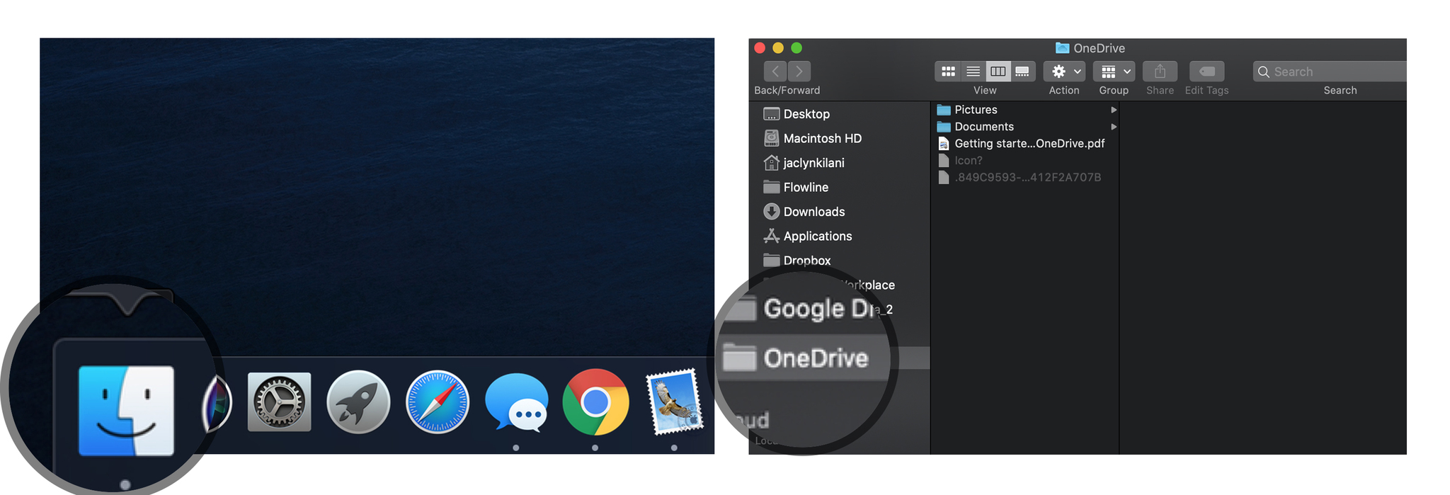 Перемещение данных: откройте искатель и выберите папку OneDrive.
