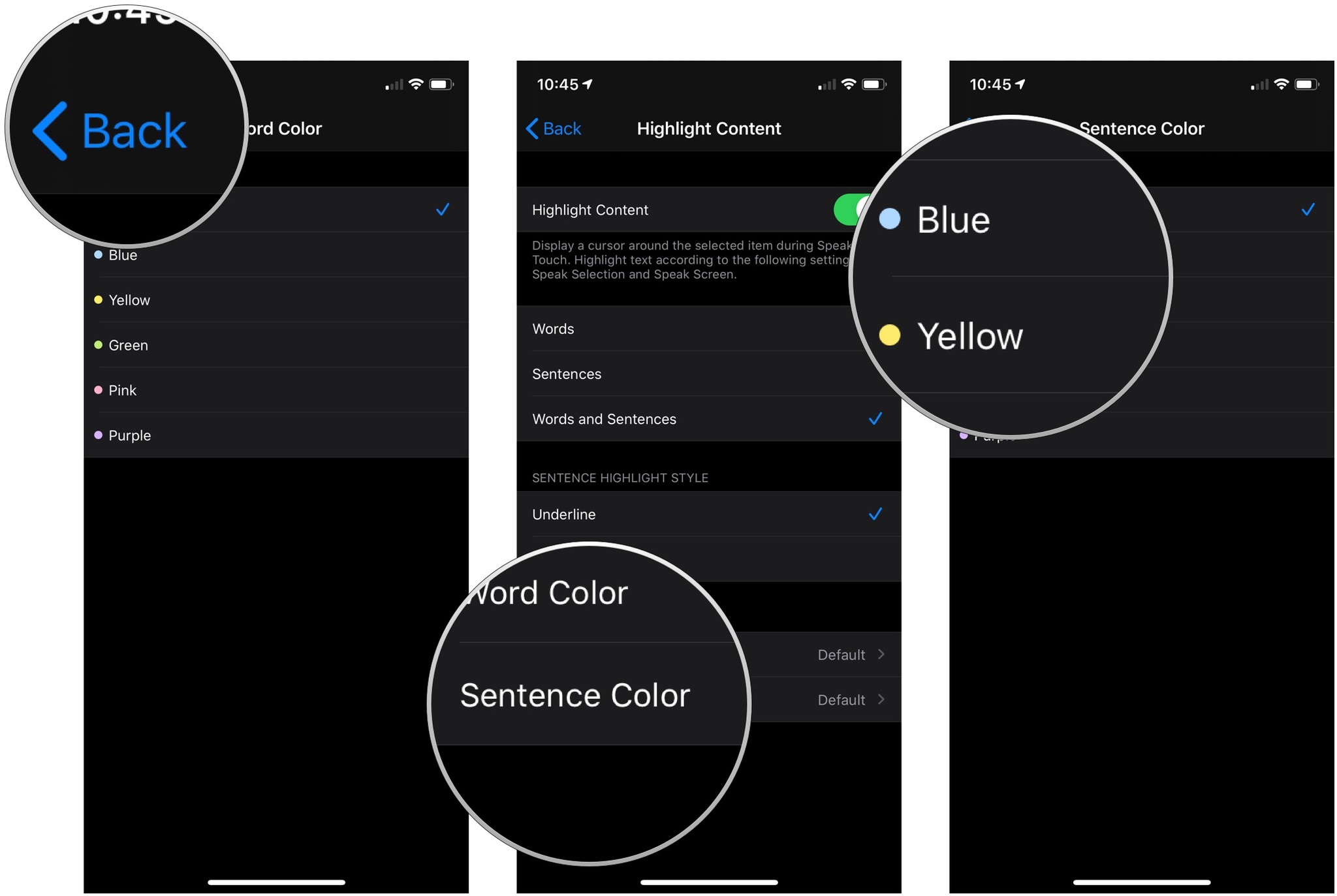 Enable highlight content with spoken text showing how to tap Back, then tap Sentence Color, then tap a color