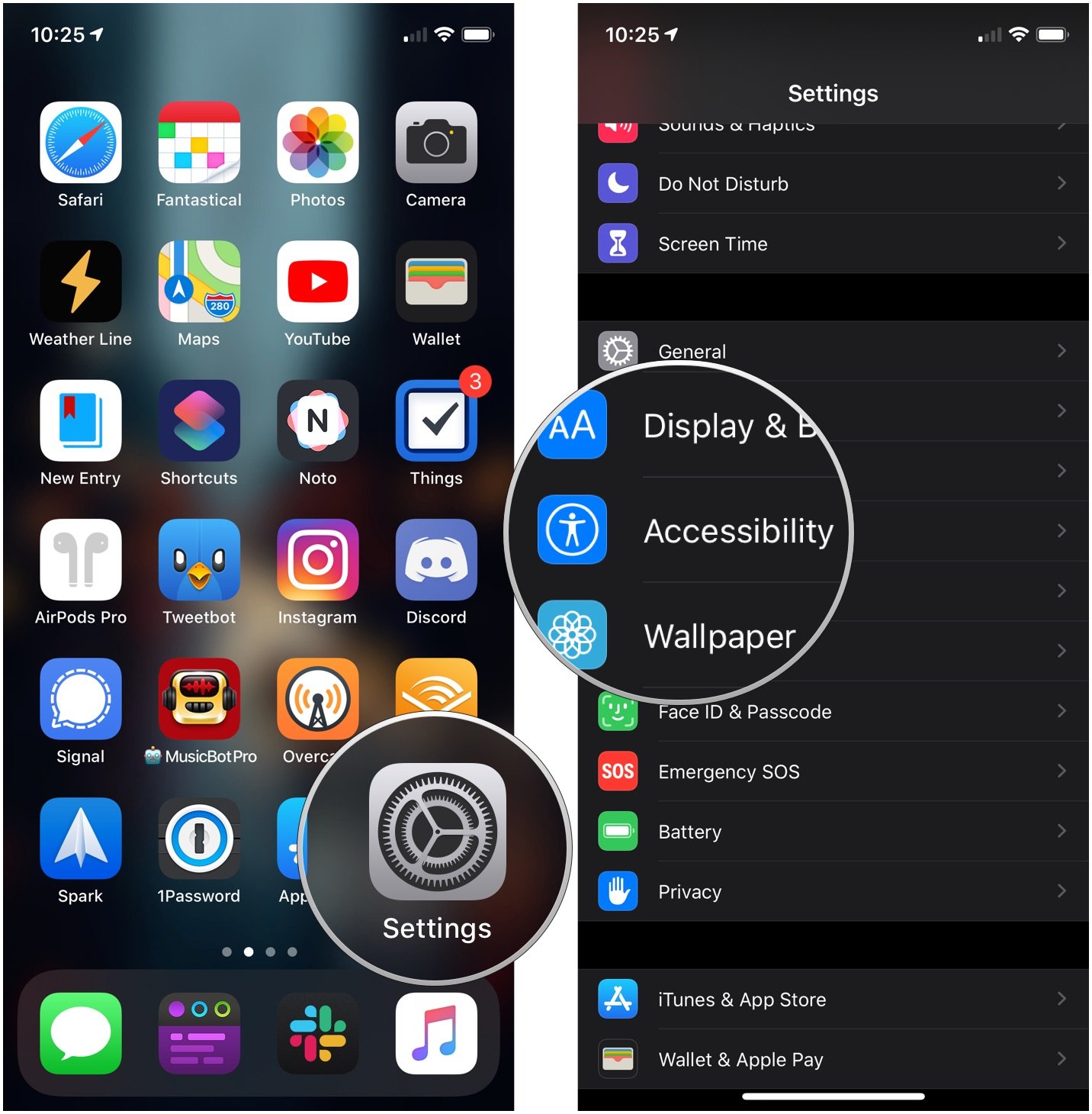 Increase contrast, showing how to open Settings, then tap Accessibility