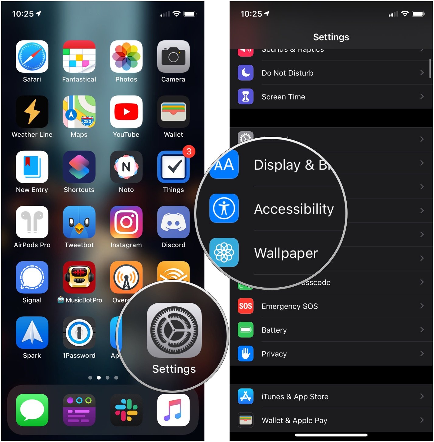 How to reduce transparency, showing how to open Settings, then tap Accessibility