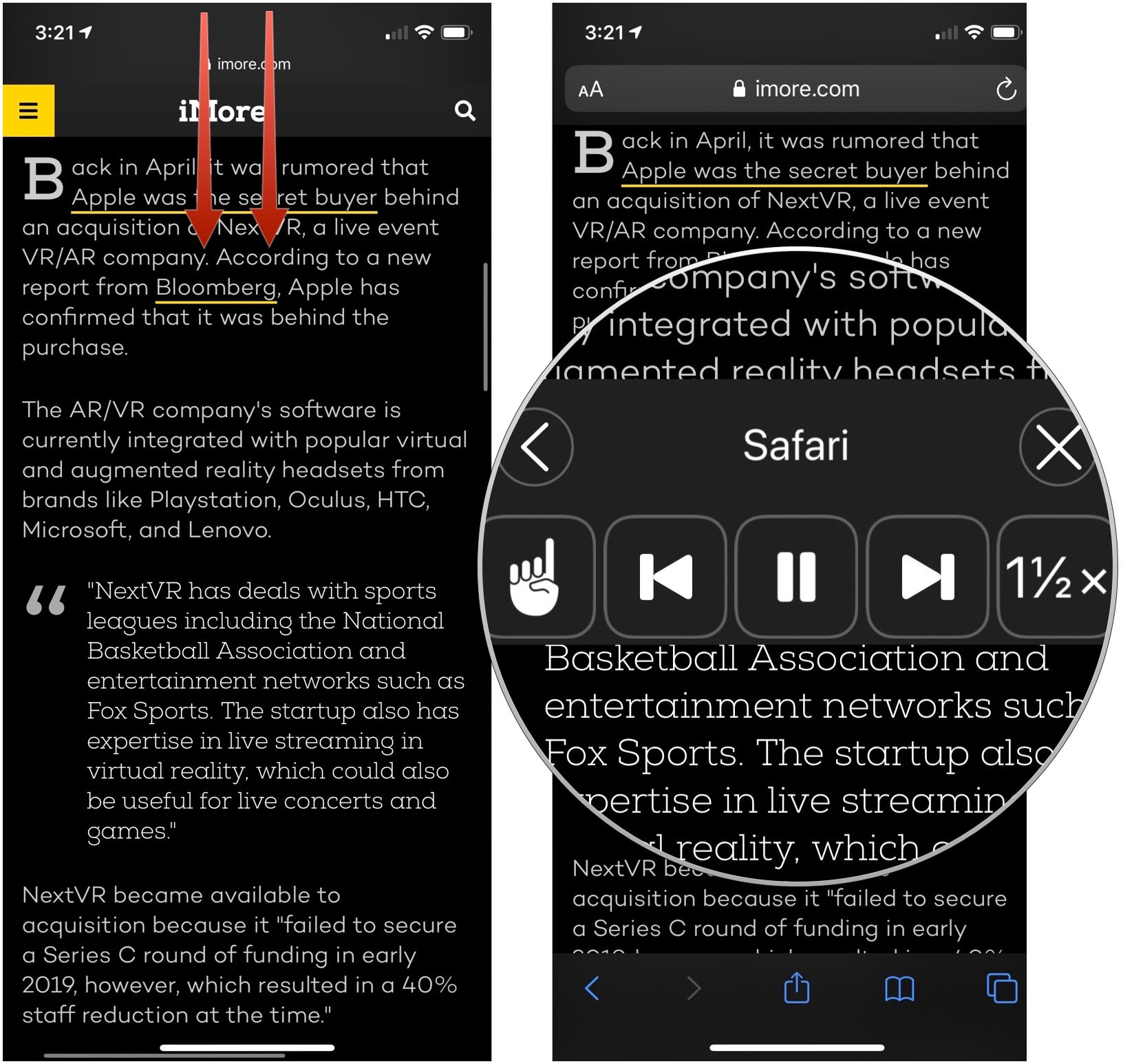 Use Speak Screen, showing how to swipe down with two fingers from the top of the screen, then use the playback controls