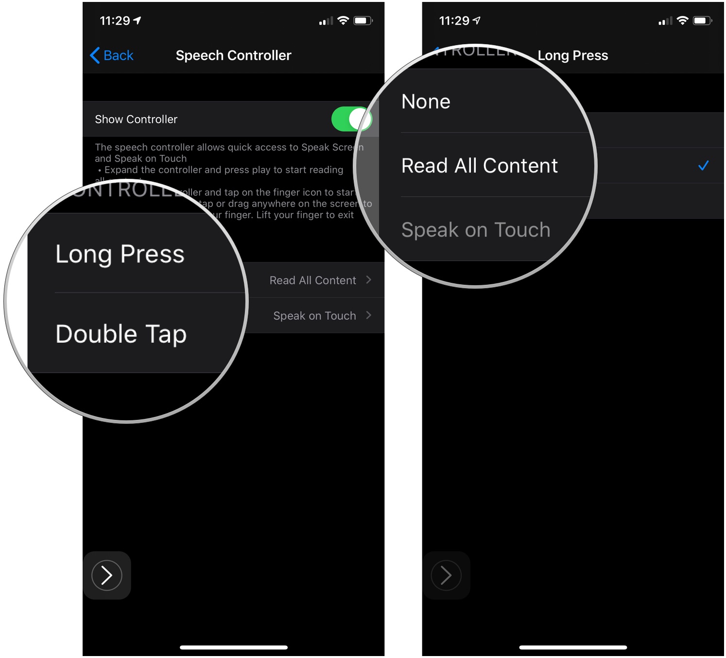 Enable Speech Controller, showing how to tap Long Press or Double Tap, then tap the None, Read All Content, or Speak on Touch options