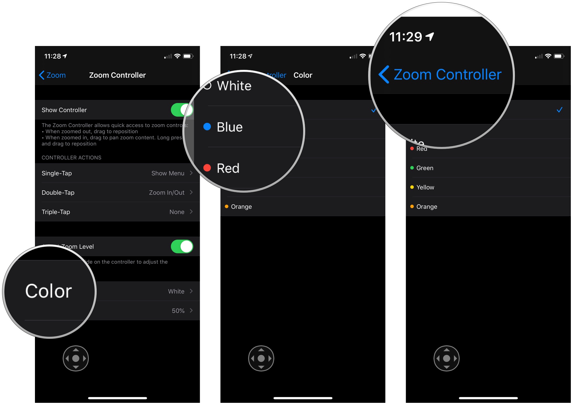 Enable the Zoom Controller showing how to tap Color, tap the color you want the Zoom Controller to be, then tap Zoom Controller to move back