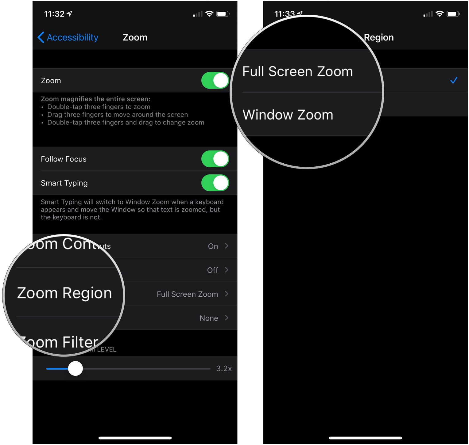 Change Zoom Region showing how to tap Zoom Region in the Zoom settings, then tap either Full Screen Zoom or Window Zoom