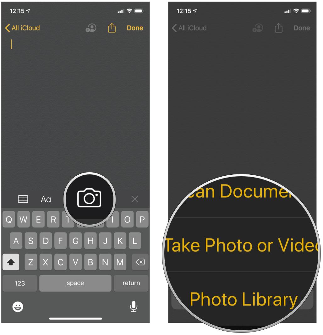 Add photos in Notes by showing steps: Tap the Camera button, then select a New Photo or Video or Photo Library