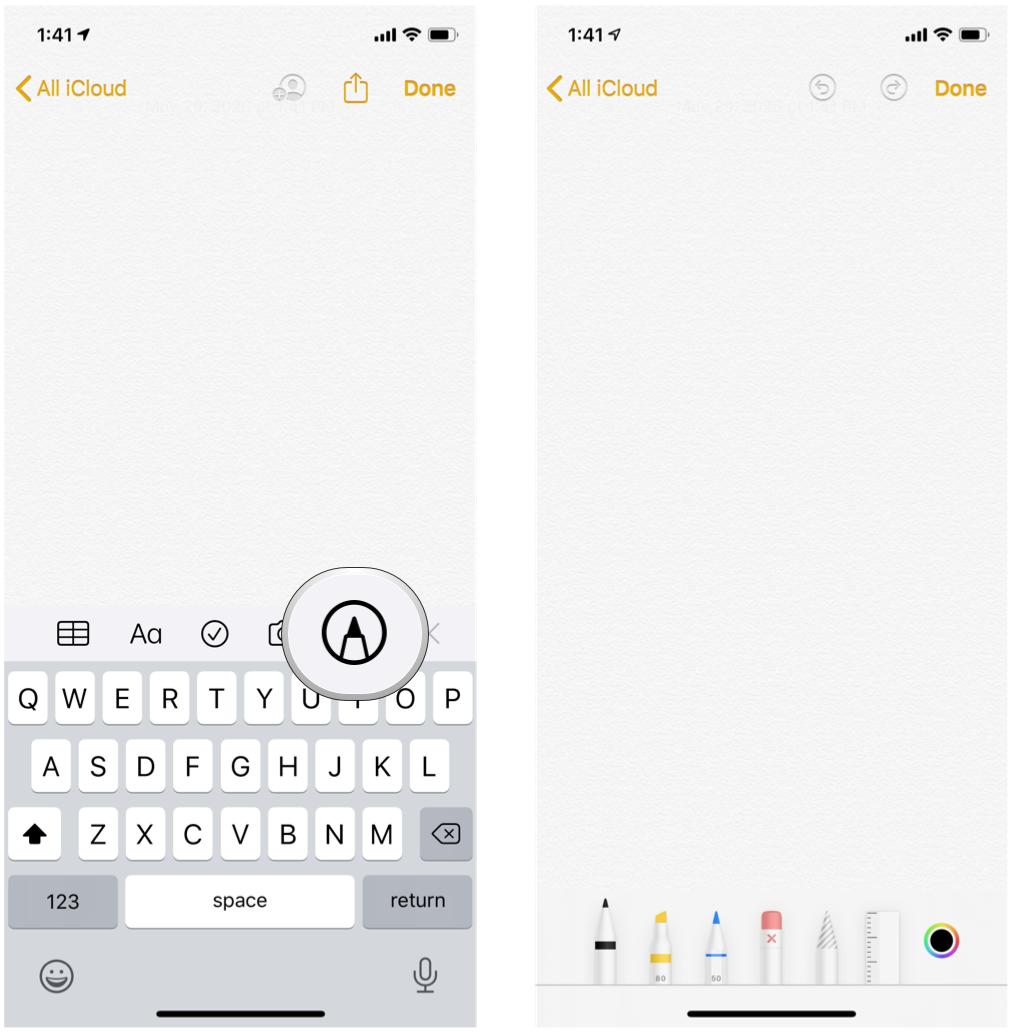 Find the sketch pad in Notes for iPhone and iPad by showing steps: Tap the Sketch button to bring up the sketch tools