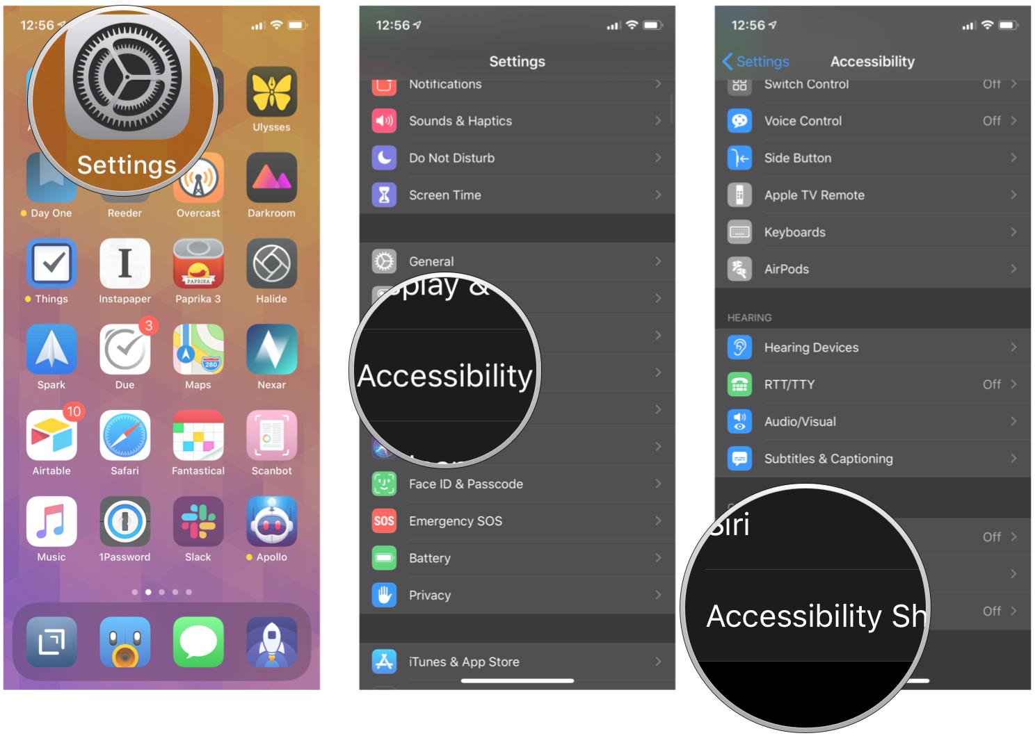 How to use and customize the Accessibility Shortcut on iPhone and iPad by showing steps launch Settings, tap Accessibility, tap Accessibility Shortcut