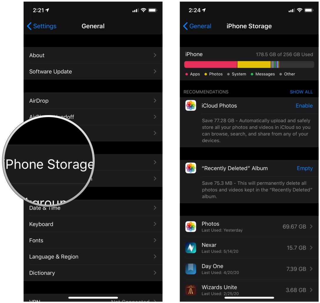 How to view iPhone Storage Space specifics by showing step tapping iPhone Storage