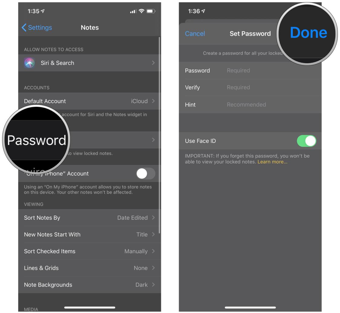 Lock Notes on iPhone and iPad by tapping Password, enter your password information and toggle Face ID or Touch ID, then tap Done