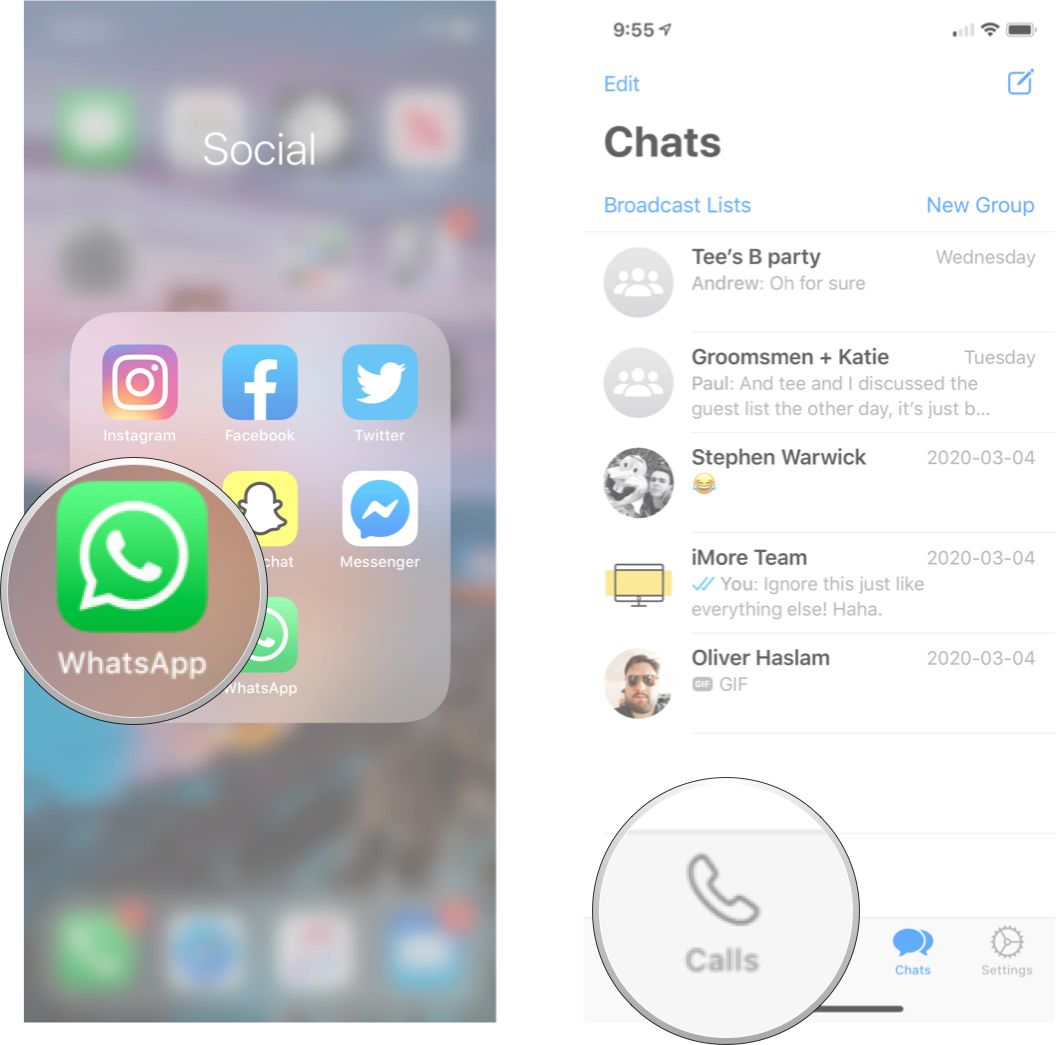 Запуск WhatsApp и совершение звонка: запустите WhatsApp и затем нажмите вкладку звонков.