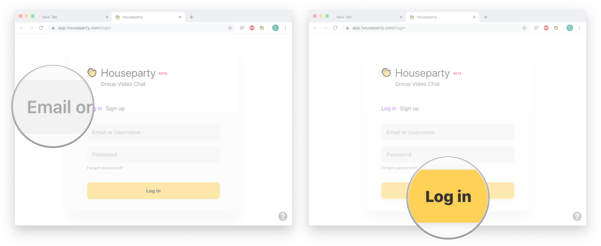 Экран входа в систему для Houseparty в Google Chrome: введите данные для входа и нажмите «Войти».