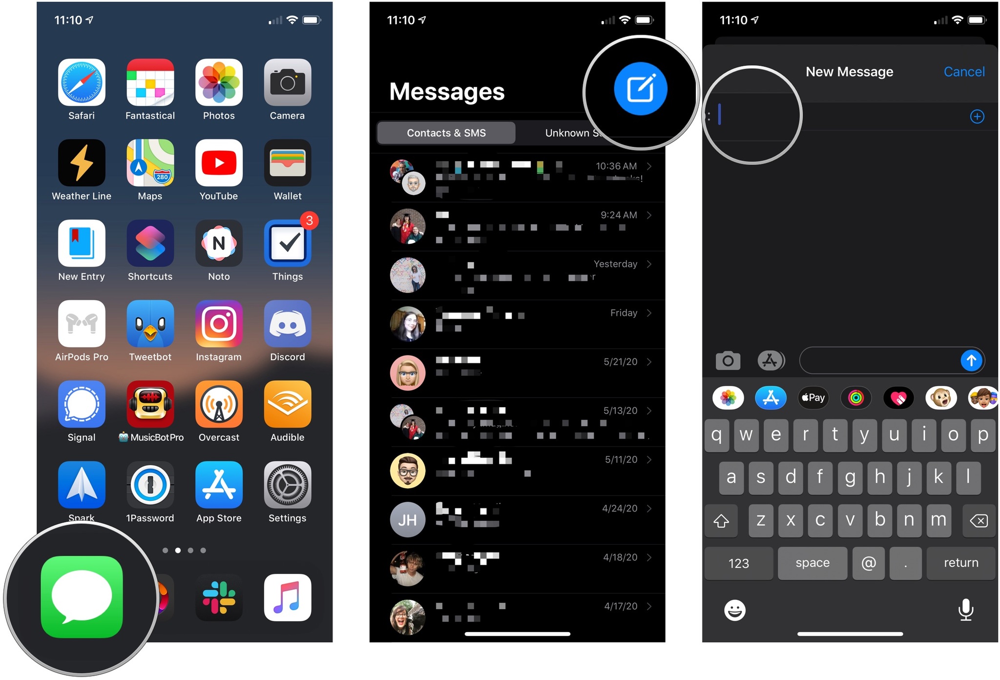 Send iMessage, showing how to open Messages, tap Compose button, then type a name or number