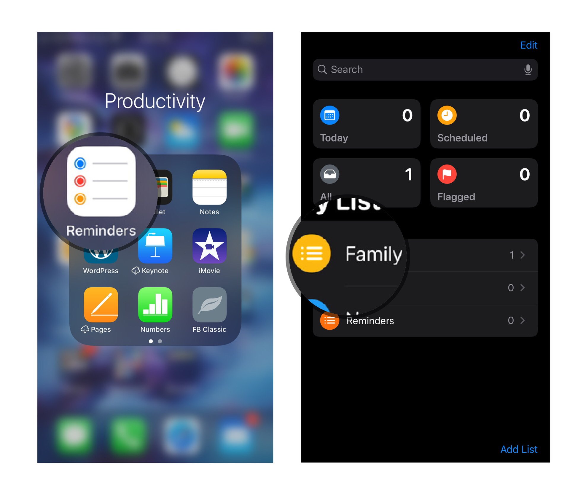 Add tasks: Launch the Reminders app on iPhone and iPad, Tap on Family from the main list view. 