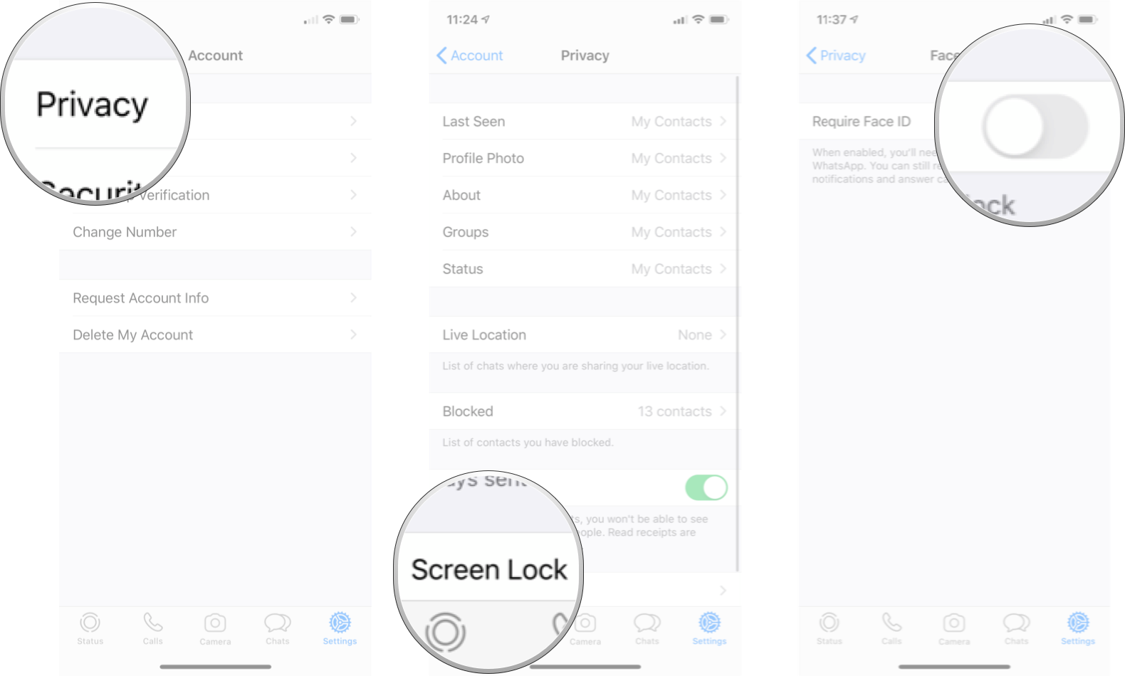 Блокировка экрана WhastApp iPhone: коснитесь «Конфиденциальность», коснитесь «Блокировка экрана», а затем коснитесь переключателя «Требовать Face ID».