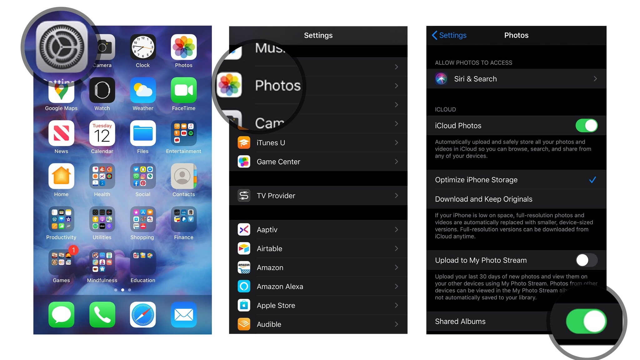 Activez le partage de photos iCloud en affichant Lancer l'application Paramètres sur votre iPhone ou iPad, faites défiler vers le bas et appuyez sur Photos, activez le bouton Albums partagés.