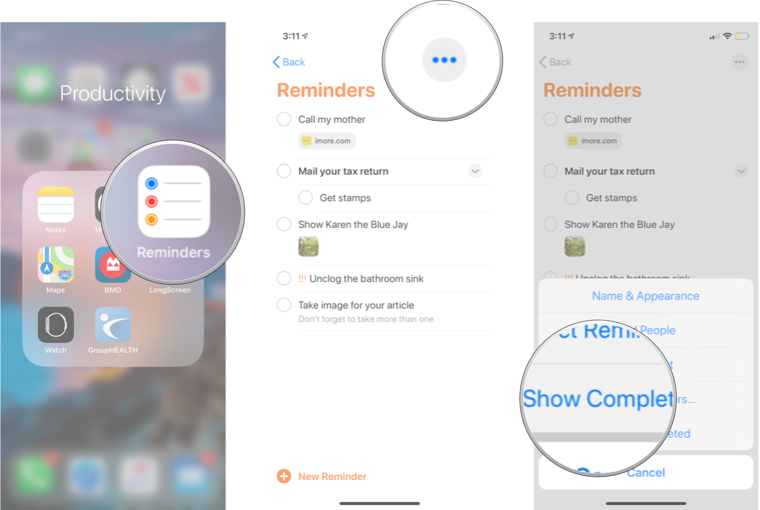 Show Completed Tasks in Reminders: Launch Reminders, tap the options button, and then tap show completed. 