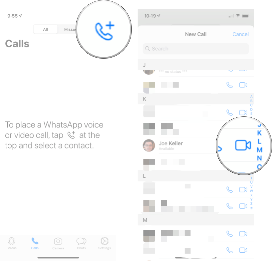Видеозвонок Контакт в WhatsApp: нажмите кнопку нового вызова, а затем нажмите кнопку видео на контакте, которому вы хотите позвонить.