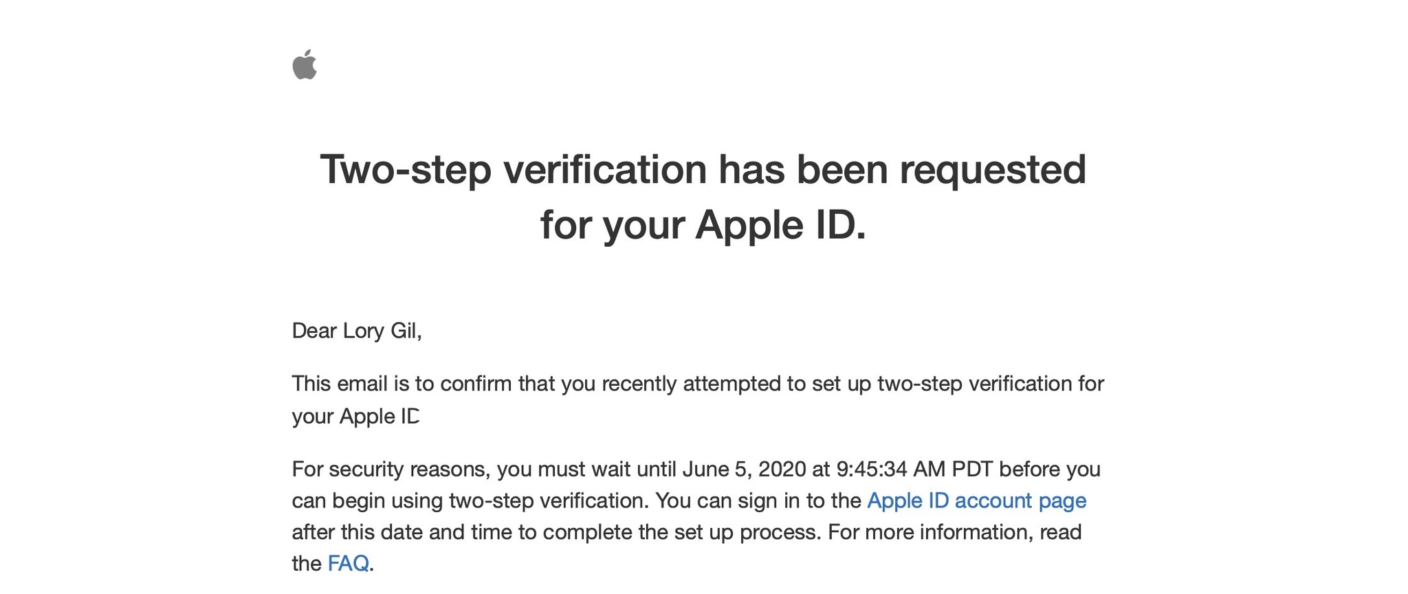 Apple notification that your request to switch to 2FA is delayed for security reasons