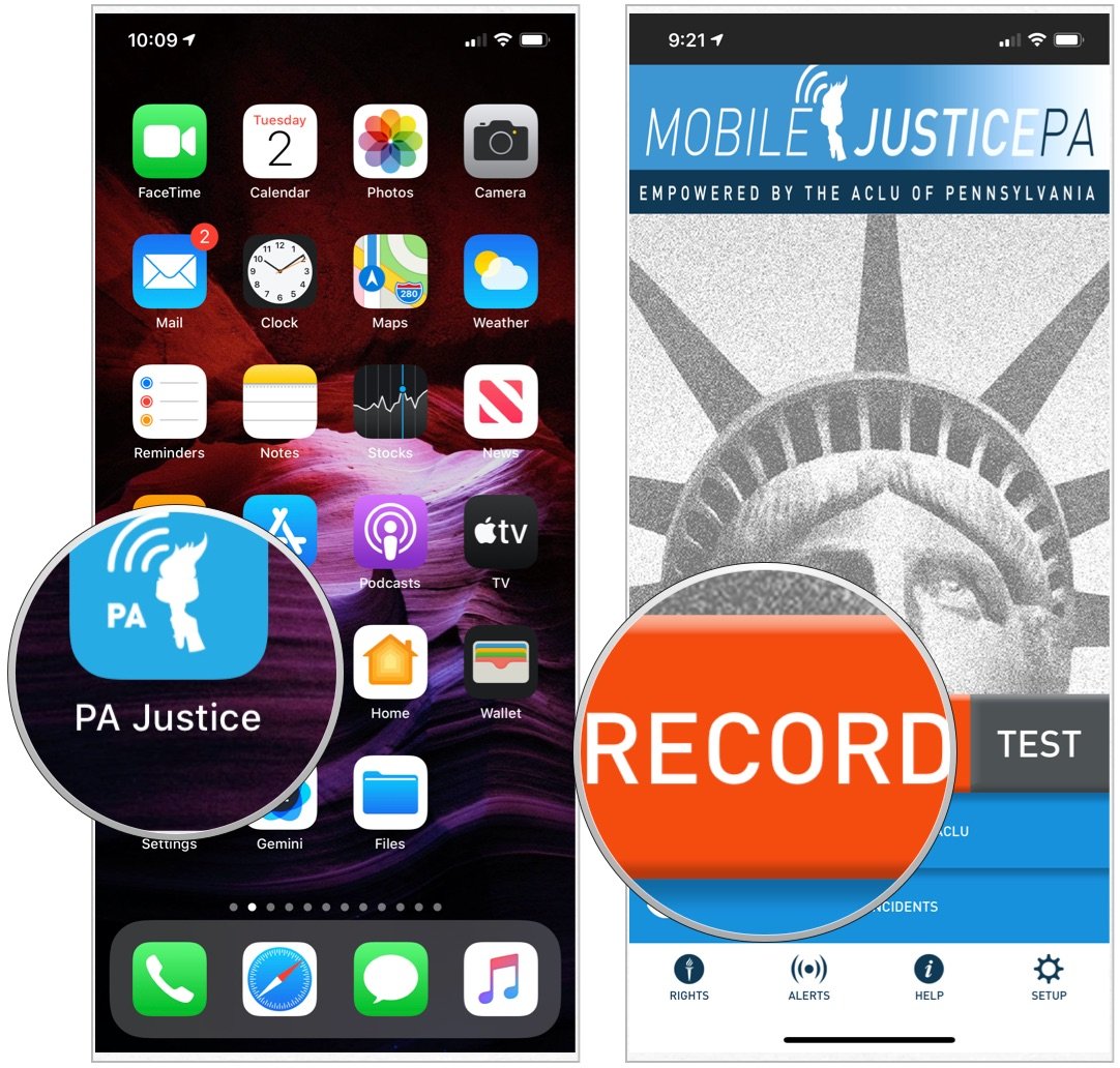 To use the record function on the ACLU Mobile Justice app