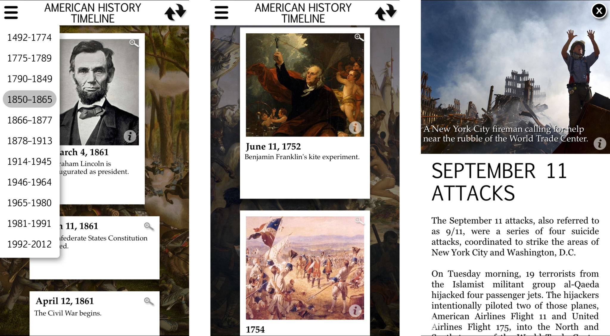 American History App Timeline Screens