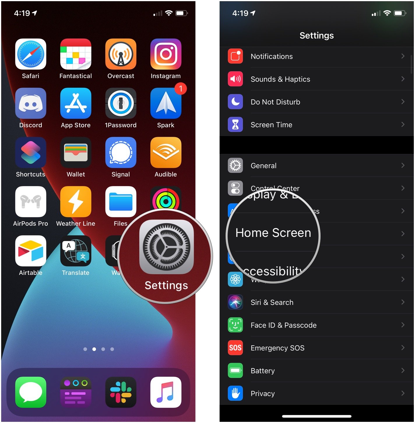 Setting app downloads to only appear on your Home screen showing the steps to open the Settings app and then tap Home Screens