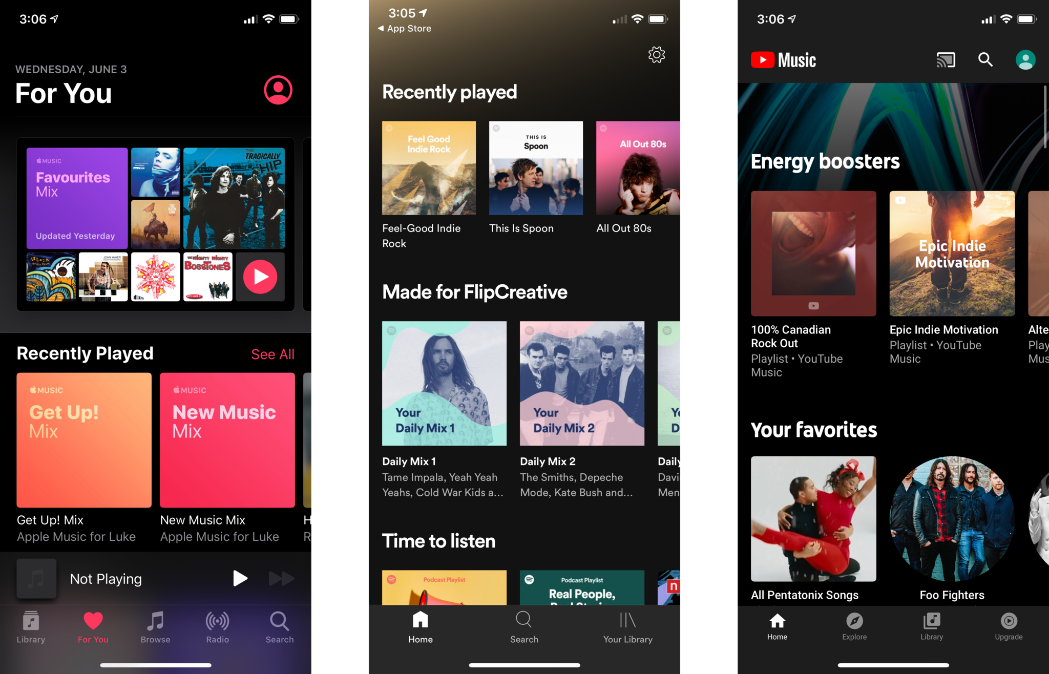 Apple Music, Spotify, and YouTube Music