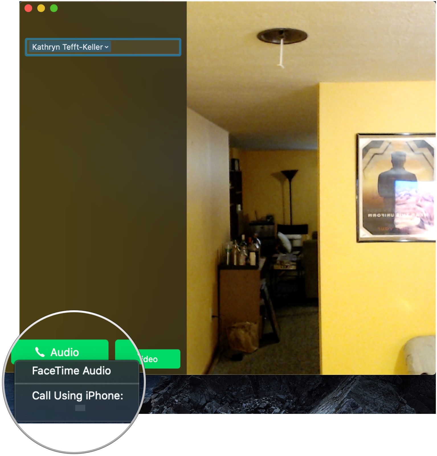 Place a FaceTime Call, showing how to click FaceTime audio or your contact's phone number