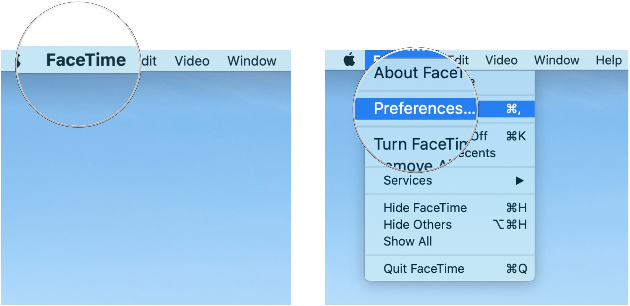 Set location, showing how to click FaceTime in the Menu bar, then click Preferences