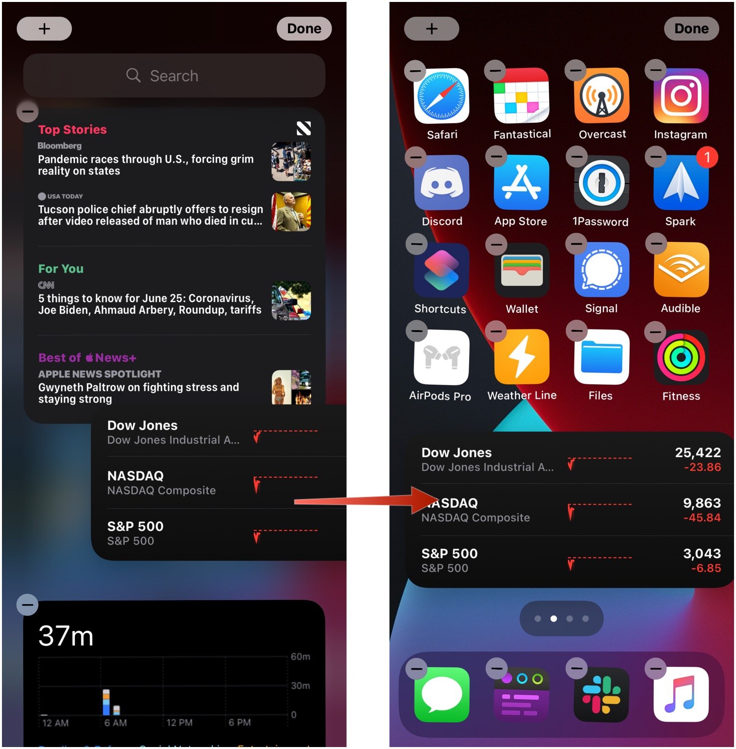Add widget to Home screen from Today view, showing how to drag the widget to your Home screen, then how to release the widget