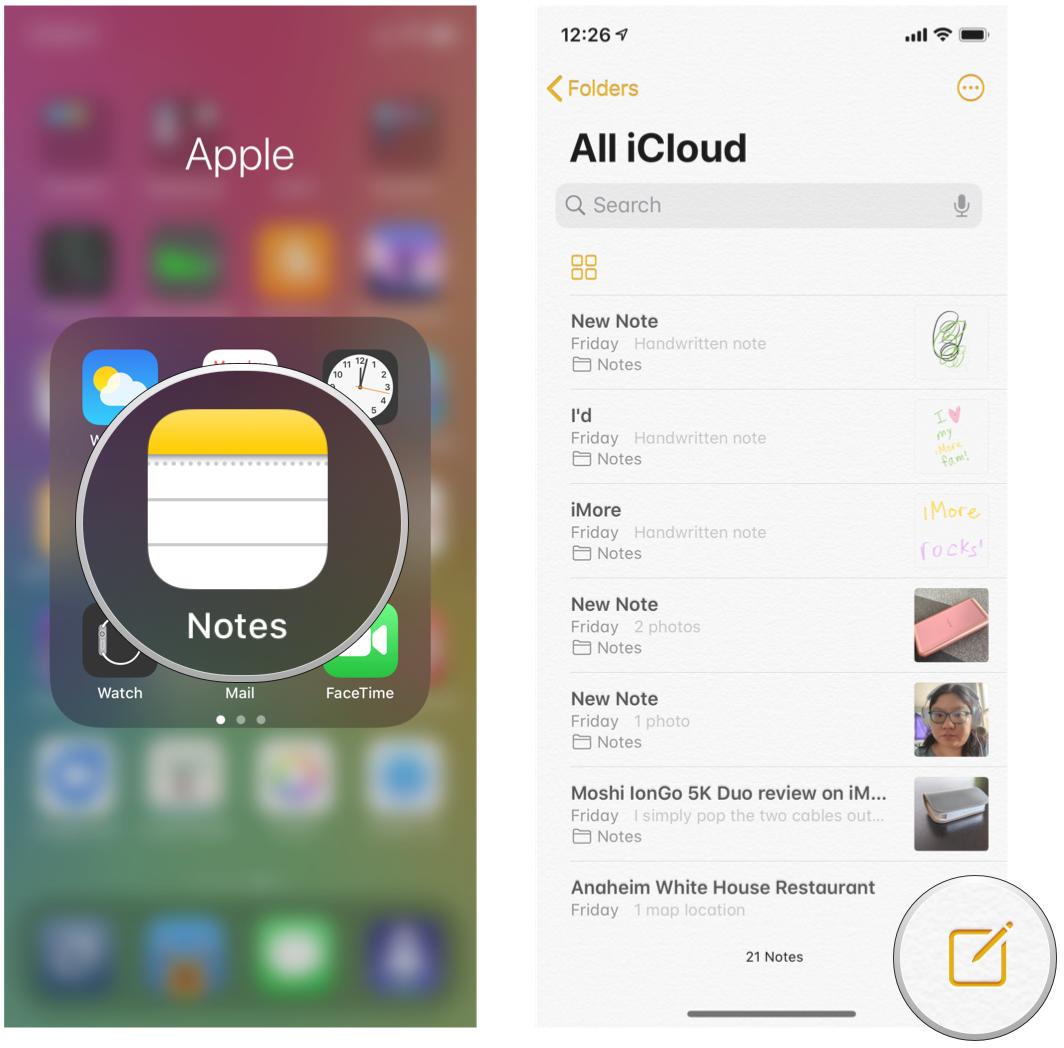 Scan a document to a note in Notes by showing steps: Launch Notes, tap Create New Note