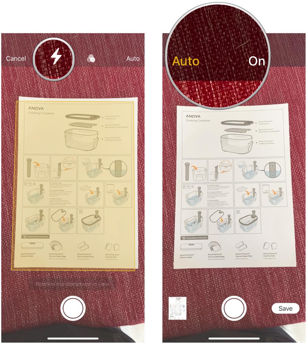 Scan a document to a note in Notes by showing steps: tap Flash button to toggle flash to Auto, On, or Off