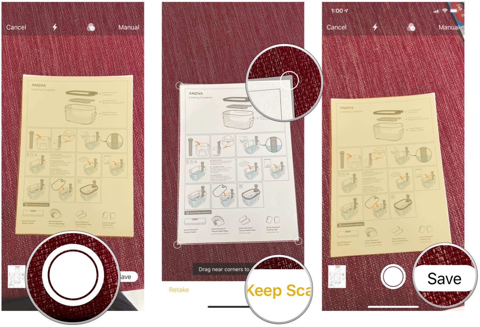 Scan a document to a note in Notes by showing steps: In Manual Document Capture, tap Cature button, adjust by dragging corner circles, tap Retake or Keep Scan, then tap Save