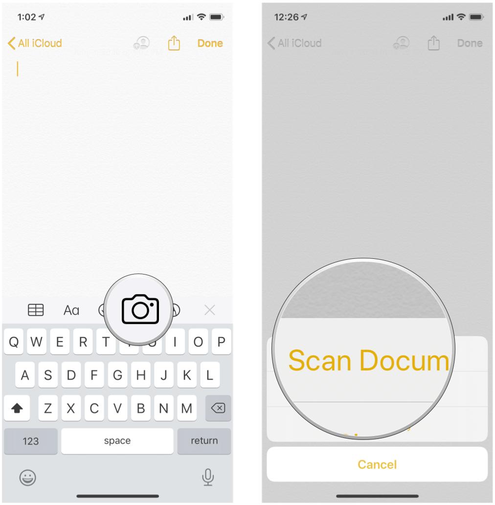 Scan a document to a note in Notes by showing steps: in a new note, tap the Camera button, then select Scan Documents