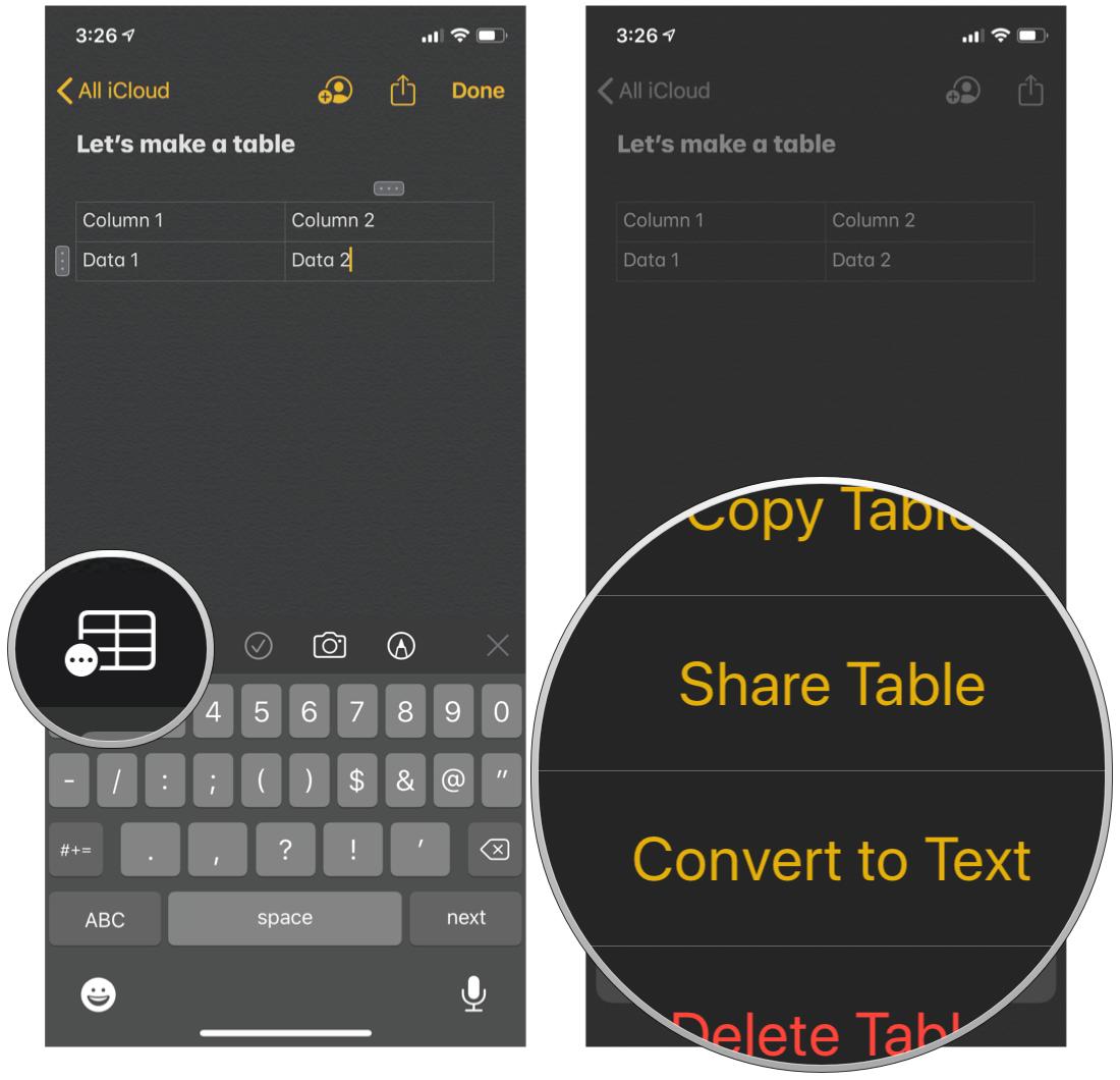 Add a table to a note in Notes on iPhone and iPad by showing steps: Tap the Tables icon in the toolbar to bring up different actions to take on the table