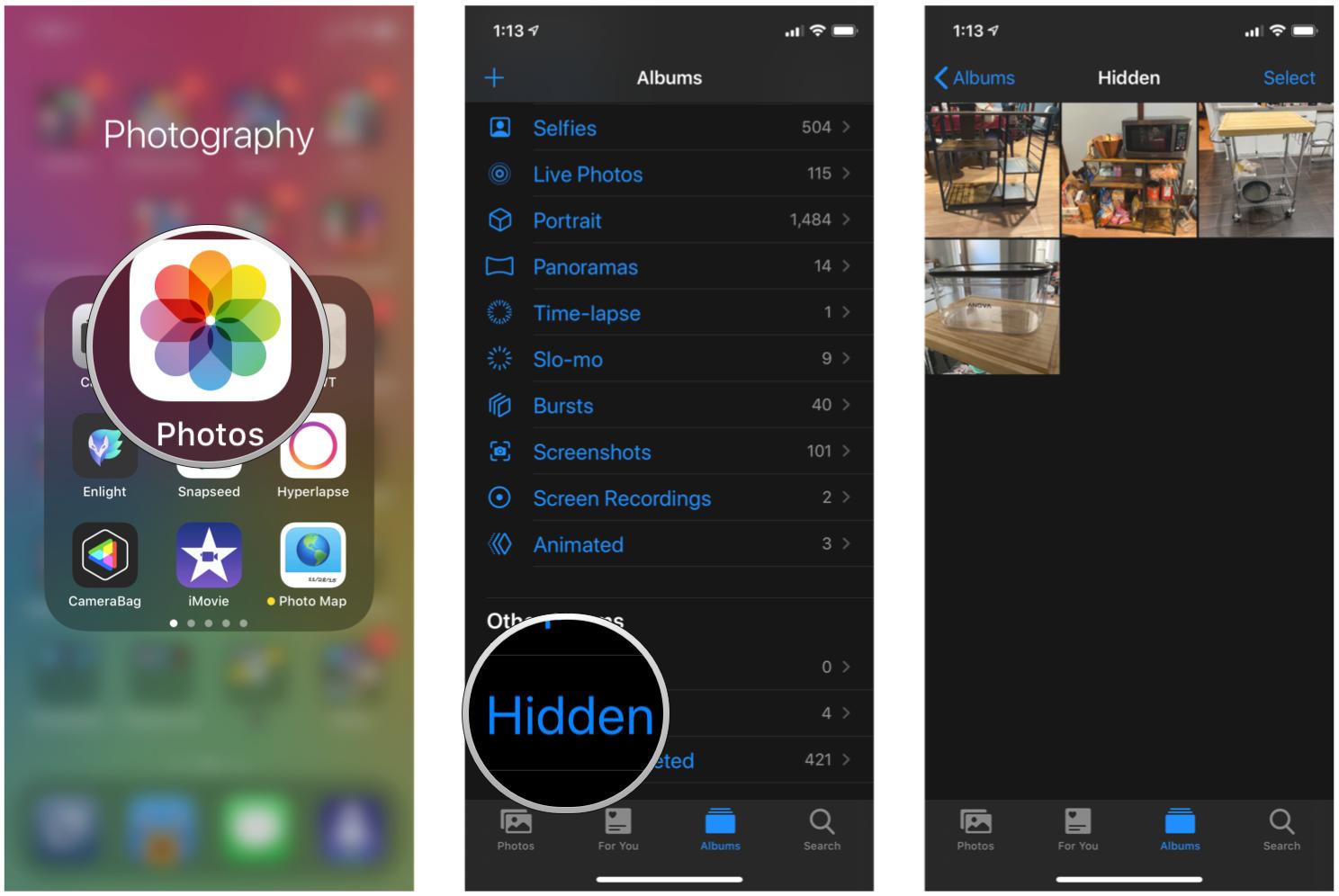 View hidden photos and video on iPhone and iPad by showing steps: Launch Photos, scroll down, tap the Hidden album