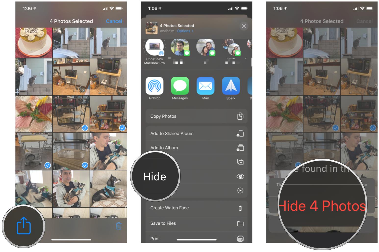 Hide photos and video in Photos on iPhone and iPad by showing steps: Select photos and video, tap Share, tap Hide, confirm to hide