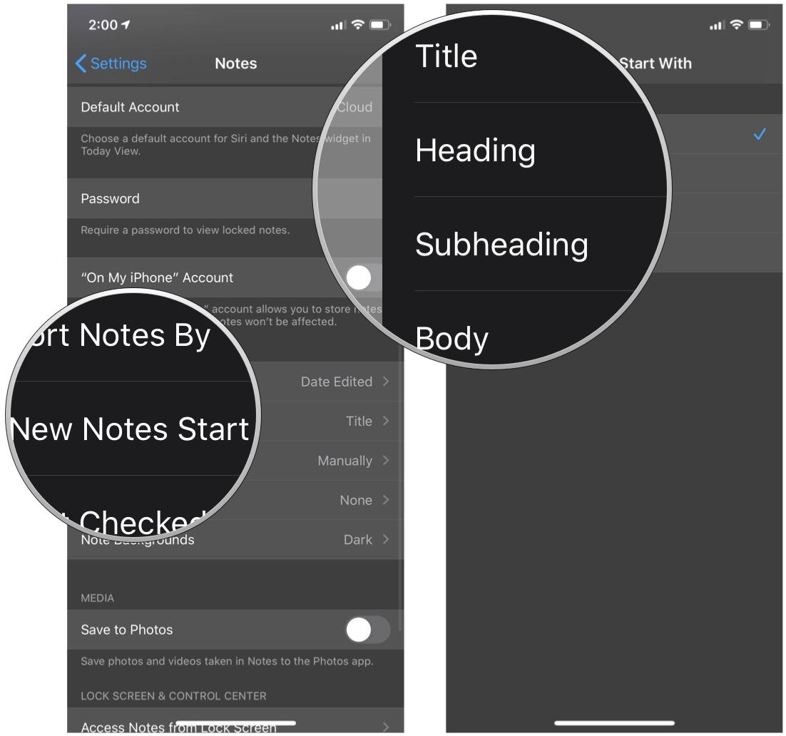 Automatically start new notes with a title or heading in Notes on iPhone and iPad by showing steps: Tap New Notes Start With, and then tap Title, Heading, or Body