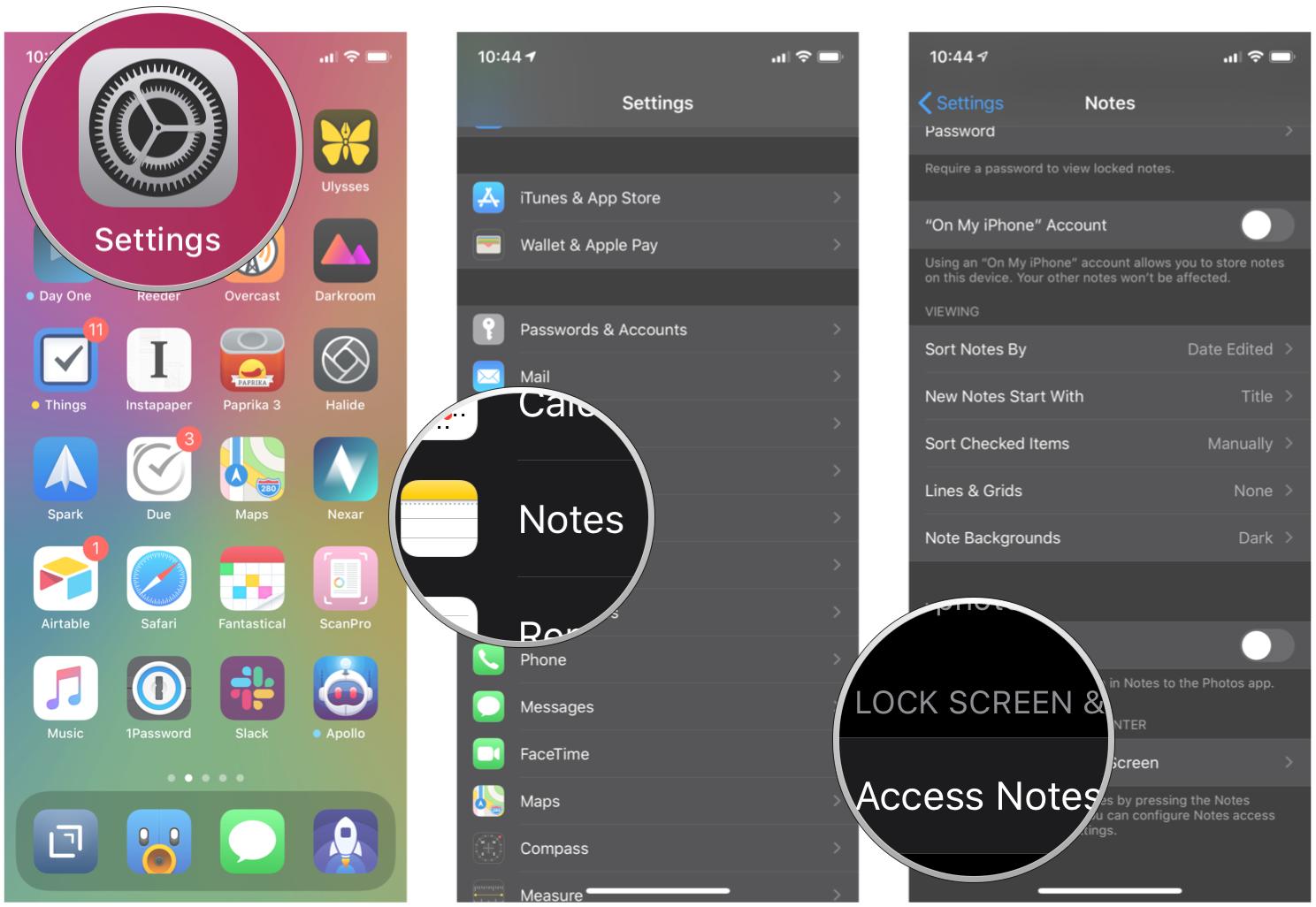 Настройте, как долго недавно добавленная заметка будет доступна с экрана блокировки на iPhone и iPad, показывая шаги: запустите «Настройки», нажмите «Заметки», нажмите «Доступ к заметкам с экрана блокировки».