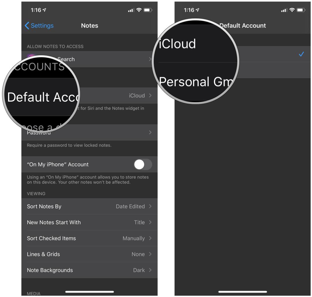 Set a default account for Notes on iPhone and iPad by showing the steps: tap Default account, choose the account you want to use for default notes