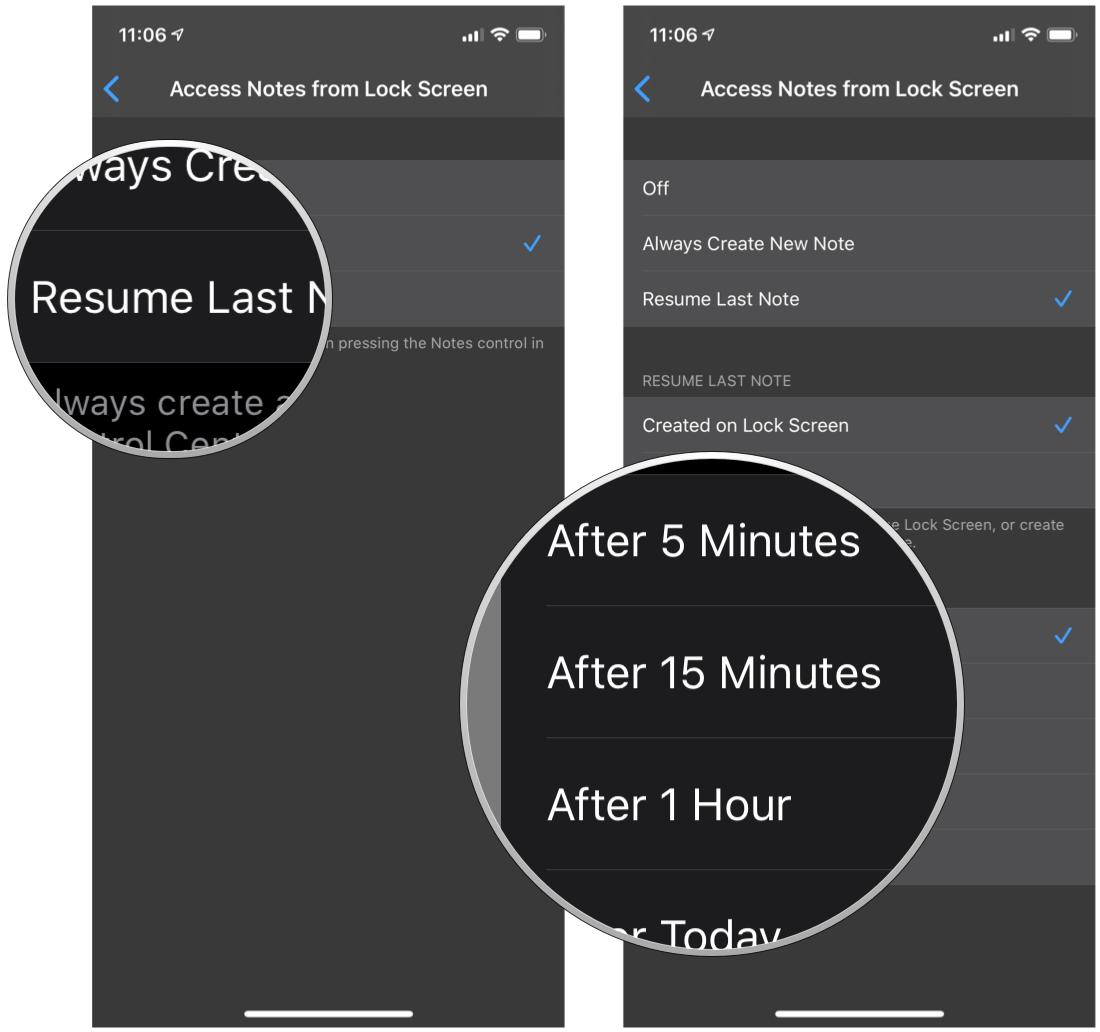 Customize how long a recently added note is accessible from the Lock Screen on iPhone and iPad by showing steps: Tap Resume Last Note, tap the amount of time you prefer