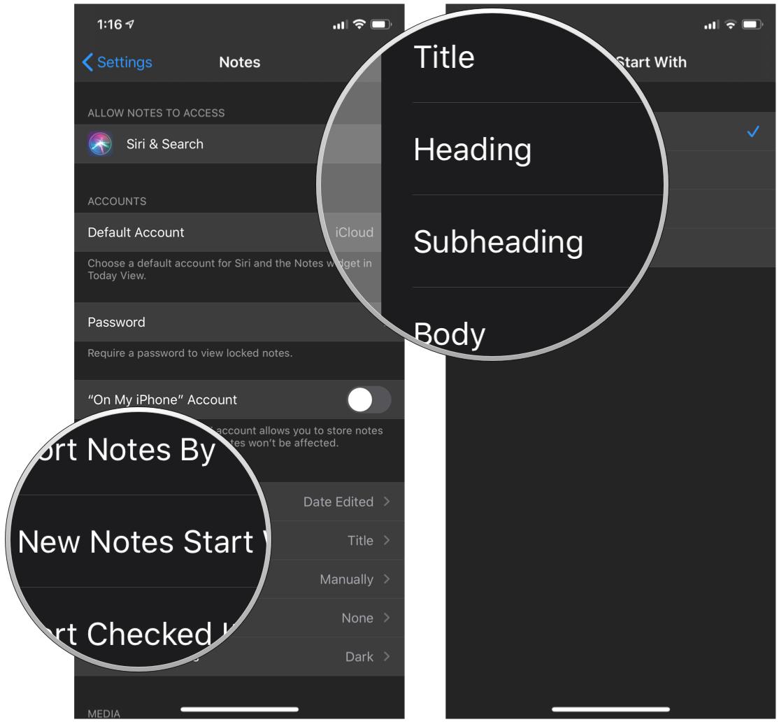 Choose how to start new notes in Notes on iPhone and iPad by showing the steps: tap New notes Start with, then select your preference
